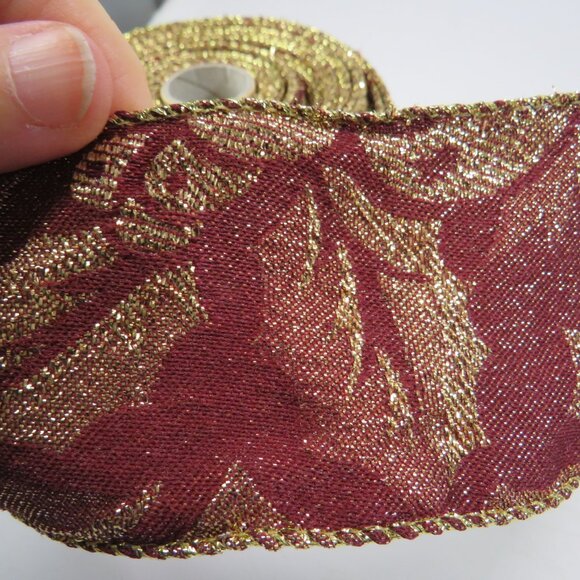 VTG Burgundy Brocade Holly Wired Ribbon with Gold Accents Double Sided 10 yards - Picture 2 of 4